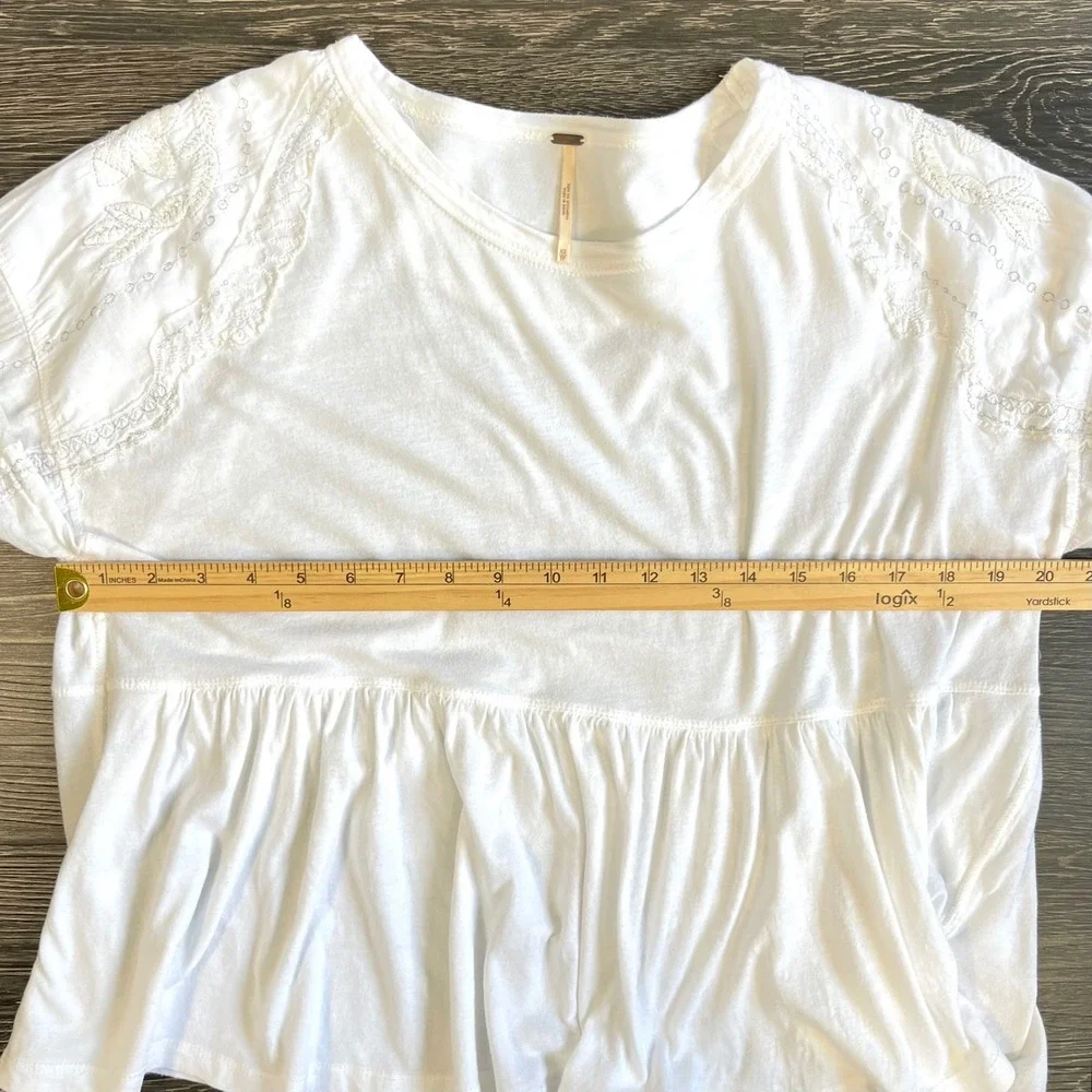 Free People White Embroidered Mesh Sleeve Babydoll Peplum Top XS Boho Cotton